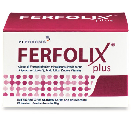 Confezione da 20 bustine di Ferfolix Plus, integratore per prevenire l'anemia in gravidanza. Confezione da 20 bustine di Ferfolix Plus, integratore per prevenire l'anemia in gravidanza.