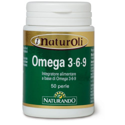 Confezione da 50 perle di Naturando I Naturolo Omega 3-6-9, integratore antiossidante e antinfiammatorio.