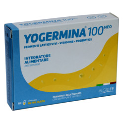 Confezione da 10 capsule di Yogermina 100 Neo, integratore di fermenti lattici per la salute intestinale.