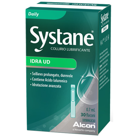 Confezione da 30 flaconcini di Systane Idra Ud, gocce oculari per occhi stanchi e arrossati.