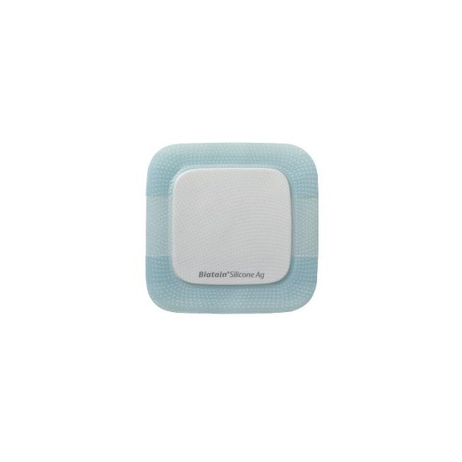 MEDICAZIONE BIATAIN IN SCHIUMA DI POLIURETANO A RILASCIO DI ARGENTO CON BORDO ADESIVO IN SILICONE 7,5X7,5 CM 5 PEZZI