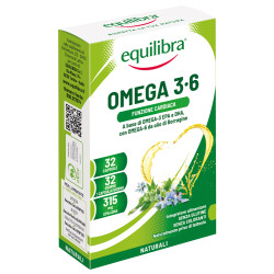 Confezione da 32 capsule di Equilibra Omega 3-6, integratore per funzione cardiaca e cerebrale.