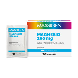 Confezione da 20 bustine di Massigen Magnesio, integratore energizzante.