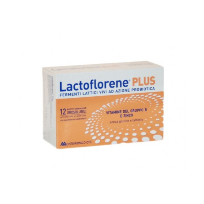 Confezione da 12 bustine orosolubili di Lactoflorene plus con fermenti lattici probiotici e vitamine B Confezione da 12 bustine orosolubili di Lactoflorene plus con fermenti lattici probiotici e vitamine B