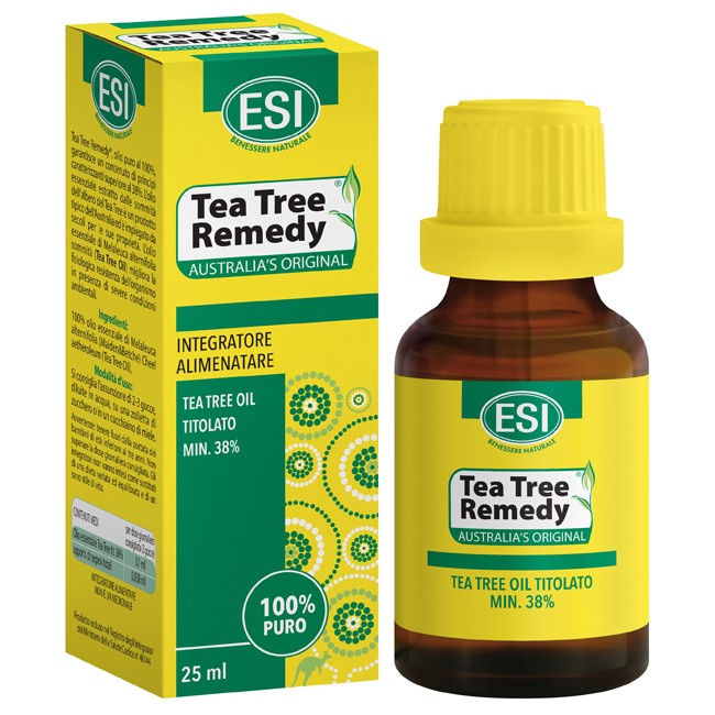 Flacone da 25 ml di Esi Tea Tree Remedy Oil, prodotto con proprietà antibatteriche e antimicotiche. Flacone da 25 ml di Esi Tea Tree Remedy Oil, prodotto con proprietà antibatteriche e antimicotiche.