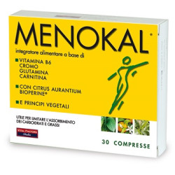 Confezione da 30 compresse di Menokal, integratore per l'equilibrio del peso corporeo.
