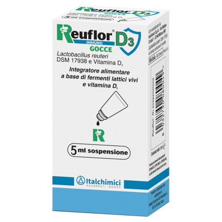 Tubetto da 5 ml di Reuflor D3, integratore per il benessere intestinale dei bambini.