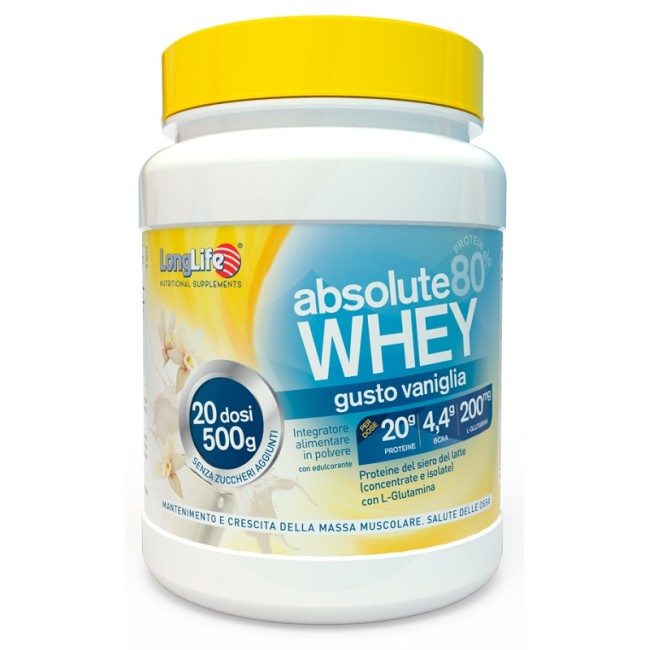 Barattolo da 500 grammi di Longlife Absolute Whey Vaniglia, integratore per massa muscolare e salute delle ossa.