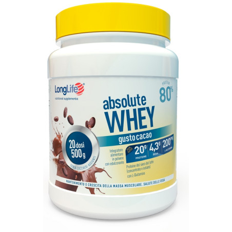 Barattolo da 500 grammi di Longlife Absolute Whey Cacao, integratore per la crescita muscolare. Barattolo da 500 grammi di Longlife Absolute Whey Cacao, integratore per la crescita muscolare.