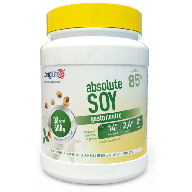 Barattolo da 500 grammi di Longlife Absolute Soy, integratore di proteine Di Soia. Barattolo da 500 grammi di Longlife Absolute Soy, integratore di proteine Di Soia.