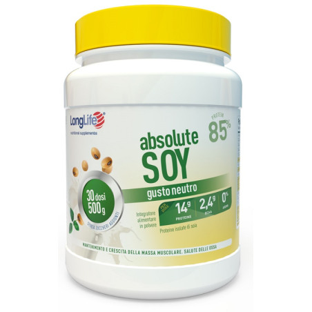 Barattolo da 500 grammi di Longlife Absolute Soy, integratore di proteine Di Soia. Barattolo da 500 grammi di Longlife Absolute Soy, integratore di proteine Di Soia.