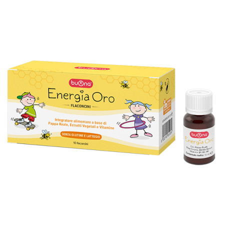 Confezione da 10 flaconcini di Buona Energia Oro, integratore ricostituente per bambini. Confezione da 10 flaconcini di Buona Energia Oro, integratore ricostituente per bambini.