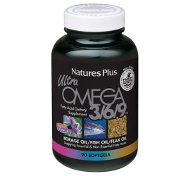 flacone da 90 capsule di Natures Plus Ultra Omega 3 3-6-9, integratore per occhi, cuore e cervello.