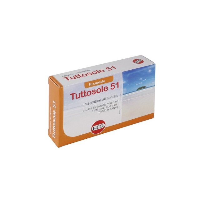 Confezione da 30 capsule di Kos Tuttosole 51, integratore per l'abbronzatura e protezione dai raggi UV.