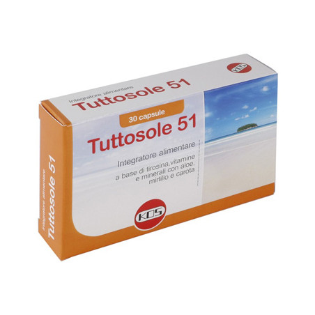 Confezione da 30 capsule di Kos Tuttosole 51, integratore per l'abbronzatura e protezione dai raggi UV.