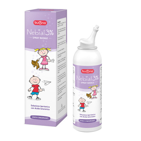 Flacone spray da 100 ml di Buona Nebial 3%, spray per decongestionare il naso di adulti e bambini. Flacone spray da 100 ml di Buona Nebial 3%, spray per decongestionare il naso di adulti e bambini.