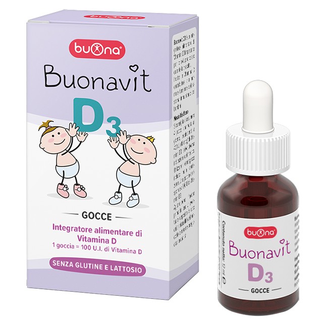 Flacone da 12 ml di Buonavit D3 è un integratore con vitamina D3 per lo sviluppo osseo nei bambini. Flacone da 12 ml di Buonavit D3 è un integratore con vitamina D3 per lo sviluppo osseo nei bambini.