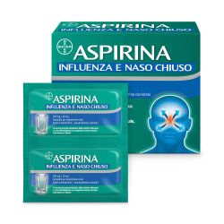 Confezione da 20 bustine di Aspirina Influenza e Naso Chiuso, farmaco antipiretico e decongestionante.