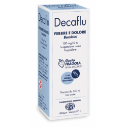 Flacone da 100 mg/5ml di Decflu Febbre e Dolore, farmaco per sindrome influenzale dei bambini.