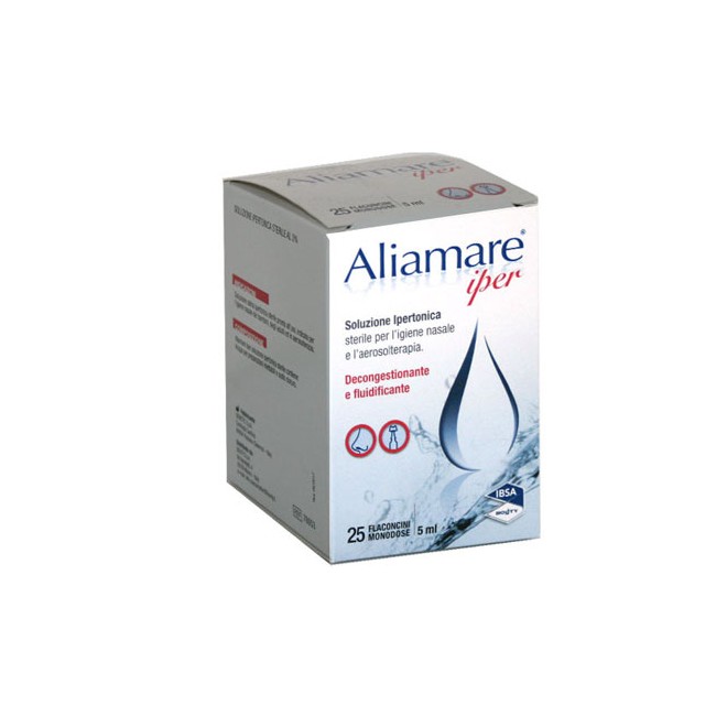 Confezione contenente 25 falconcini di Aliamare Iper, soluzione per liberare il naso dal muco in eccesso. Confezione contenente 25 falconcini di Aliamare Iper, soluzione per liberare il naso dal muco in eccesso.