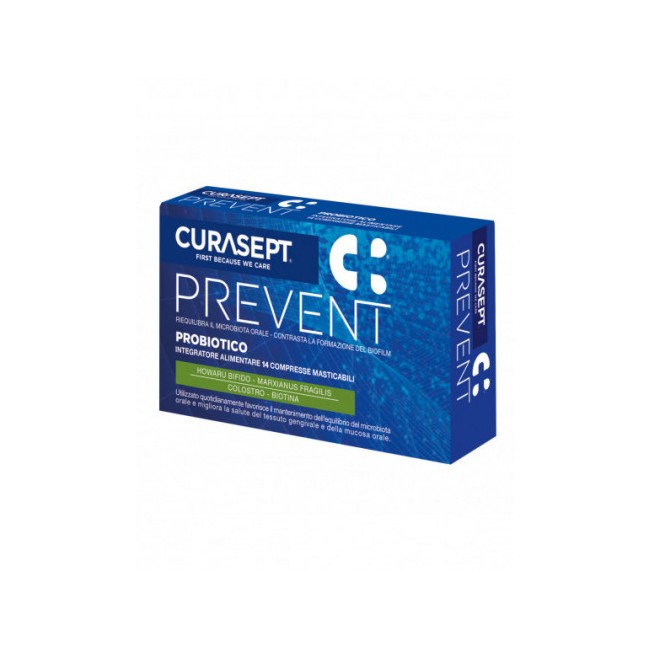 Confezione da 14 compresse di Curasept Prevent Probiotico, integratore di fermenti lattici per la protezione di denti e gengive. Confezione da 14 compresse di Curasept Prevent Probiotico, integratore di fermenti lattici per la protezione di denti e gengive.