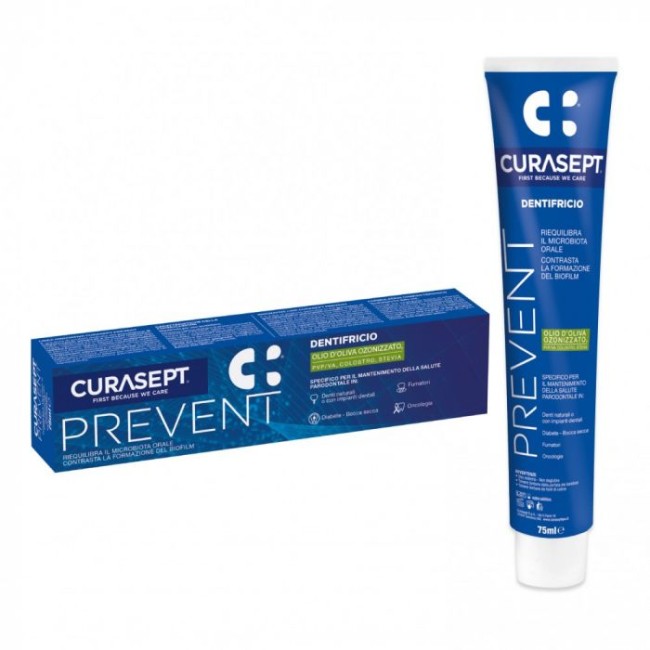 Tubo da 75 ml di Curasept Prevent, dentifricio per proteggere denti e gengive. Tubo da 75 ml di Curasept Prevent, dentifricio per proteggere denti e gengive.