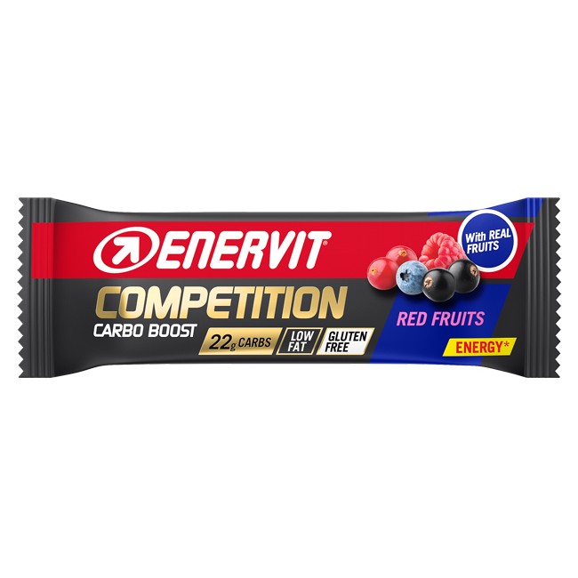 Barretta da 30 g di Enervit Sport Competition Red Fruits, barretta con carboidrati e vitamine B. Barretta da 30 g di Enervit Sport Competition Red Fruits, barretta con carboidrati e vitamine B.