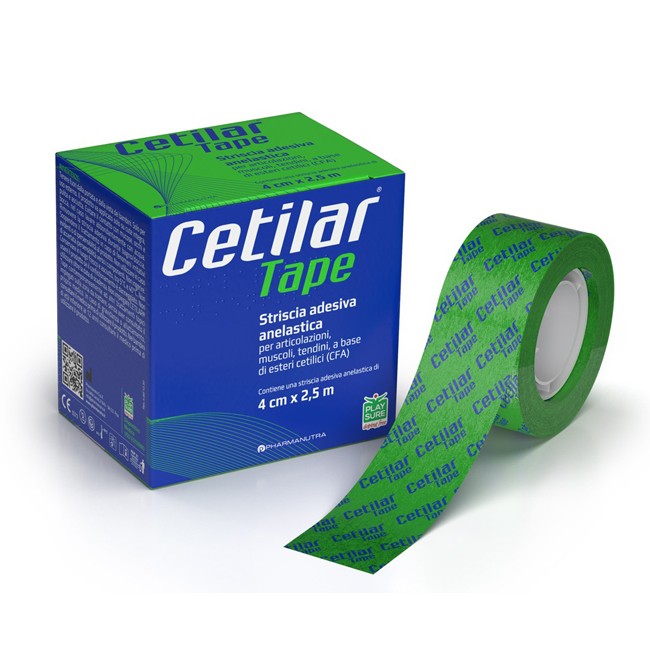 Confezione contenente una striscia di 4x250 cm di Cetilar Tape, prodotto utile per i dolori articolari e muscolari Confezione contenente una striscia di 4x250 cm di Cetilar Tape, prodotto utile per i dolori articolari e muscolari