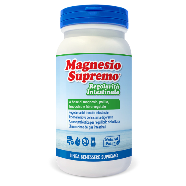 Barattolo da 150 g di Natural Point Magnesio Supremo Regolarità Intestinale, integratore per il benessere dell'intestino. Barattolo da 150 g di Natural Point Magnesio Supremo Regolarità Intestinale, integratore per il benessere dell'intestino.