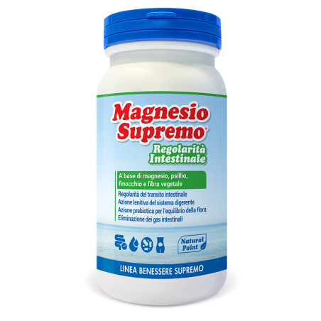 Barattolo da 150 g di Natural Point Magnesio Supremo Regolarità Intestinale, integratore per il benessere dell'intestino.