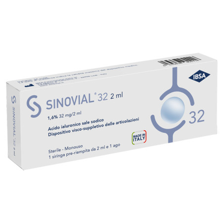 SIRINGA INTRA-ARTICOLARE SINOVIAL 32 ACIDO IALURONICO 1,6% 32 MG/2 ML 1 FS + AGO GAUGE 21 1 PEZZO SIRINGA INTRA-ARTICOLARE SINOVIAL 32 ACIDO IALURONICO 1,6% 32 MG/2 ML 1 FS + AGO GAUGE 21 1 PEZZO