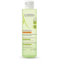 Flacone da 200 ml di A-Derma Exomega Control Gel Lavante Emolliente 2 In 1 Per Pelle Secca Di Neonati E Bambini.