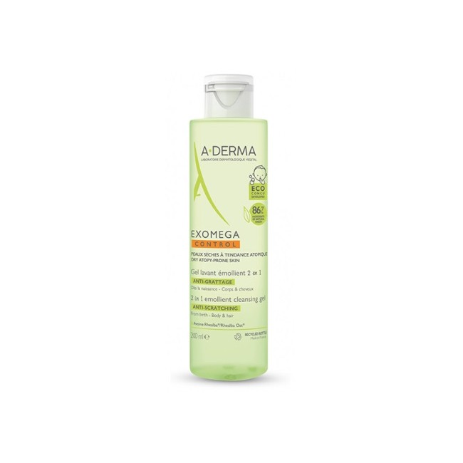 Flacone da 200 ml di A-Derma Exomega Control Gel Lavante Emolliente 2 In 1 Per Pelle Secca Di Neonati E Bambini.