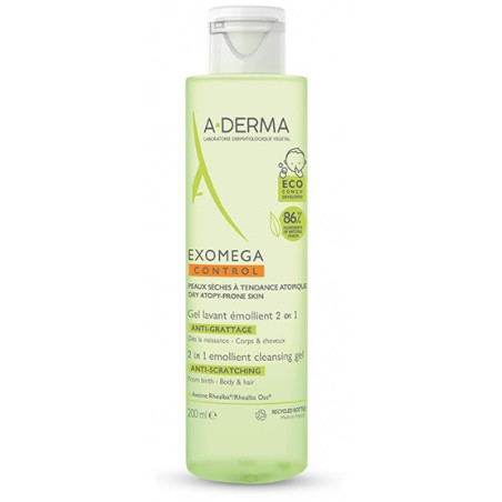 Flacone da 200 ml di A-Derma Exomega Control Gel Lavante Emolliente 2 In 1 Per Pelle Secca Di Neonati E Bambini. Flacone da 200 ml di A-Derma Exomega Control Gel Lavante Emolliente 2 In 1 Per Pelle Secca Di Neonati E Bambini.