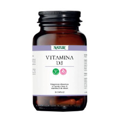 Flacone da 30 capsule di Natur Vitamina D3, integratore per pelle, ossa e sistema immunitario.