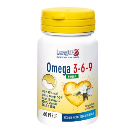 Flacone da 60 perle di Longliefe Omega 3-6-9, integratore per il cuore e la circolazione sanguigna.