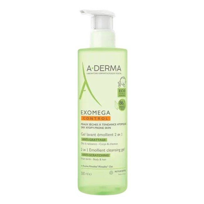 Flacone da 500 Ml di A-Derma Exomega Control Gel Lavante Emolliente 2 In 1 Per Pelle Secca Dei Neonati. Flacone da 500 Ml di A-Derma Exomega Control Gel Lavante Emolliente 2 In 1 Per Pelle Secca Dei Neonati.