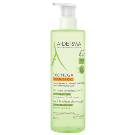Flacone da 500 Ml di A-Derma Exomega Control Gel Lavante Emolliente 2 In 1 Per Pelle Secca Dei Neonati. Flacone da 500 Ml di A-Derma Exomega Control Gel Lavante Emolliente 2 In 1 Per Pelle Secca Dei Neonati.