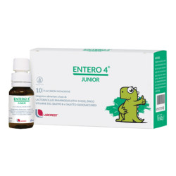 Confezione da 10 flaconcini di Entero 4 Junior, integratore con fermenti lattici e vitamine per bambini.