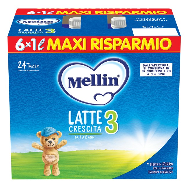 Confezione contenente 6 brik da 1000 ml di Mellin 3, latte per lo sviluppo motorio e cognitivo. Confezione contenente 6 brik da 1000 ml di Mellin 3, latte per lo sviluppo motorio e cognitivo.