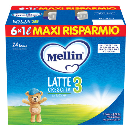 Confezione contenente 6 brik da 1000 ml di Mellin 3, latte per lo sviluppo motorio e cognitivo.
