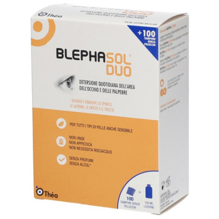 Flacone da 100 ml più 100 garzine di Blaphasol Duo Soluzione Micellare Per L'Igiene Palpebrale E Oculare Flacone. Flacone da 100 ml più 100 garzine di Blaphasol Duo Soluzione Micellare Per L'Igiene Palpebrale E Oculare Flacone.
