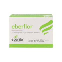 Confezione da 12 flaconcini di Eberflor, integratore di fermenti lattici per diarrea e disbiosi intestinale.