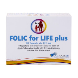 Confezione da 30 capsule di Folic For Life, integratore per energia e sistema immunitario.