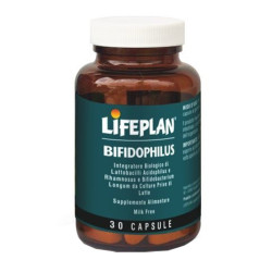 Barattolo da 30 capsule di Lifeplan Bifidophilus, integratore per l'equilibrio del microbiota intestinale.