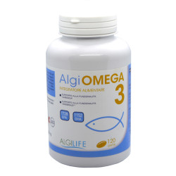 Flacone da 120 cperle di Algiomega 3, integratore per la salute cerebrale e cardiaca.