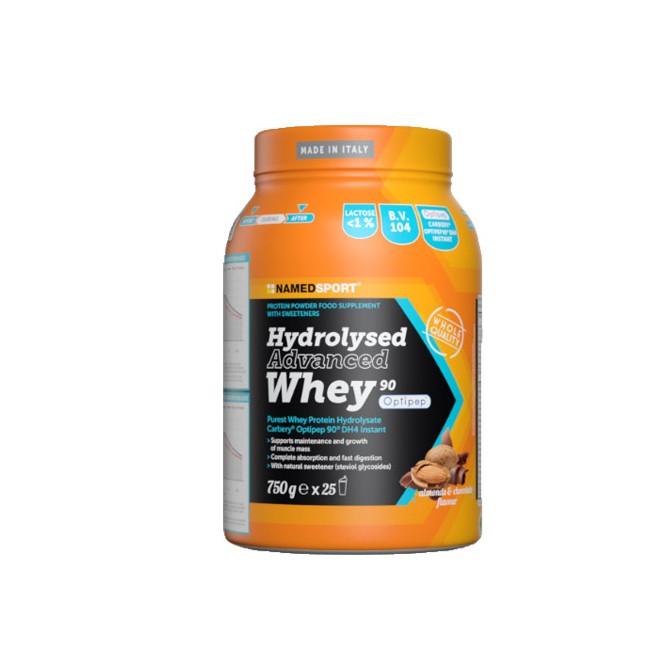 Barattolo da 750 grammi di Named Hydrolysed Advanced Whey Choco Almond, integratore per massa magra e recupero muscolare. Barattolo da 750 grammi di Named Hydrolysed Advanced Whey Choco Almond, integratore per massa magra e recupero muscolare.