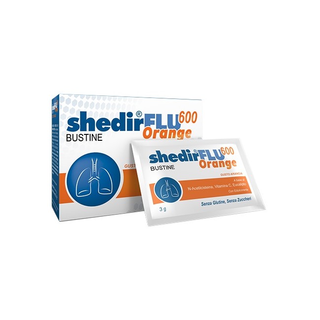Confezione da 20 bustine di Shedir Shedirflu 600 Orange, integratore utile contro tosse e catarro. Confezione da 20 bustine di Shedir Shedirflu 600 Orange, integratore utile contro tosse e catarro.