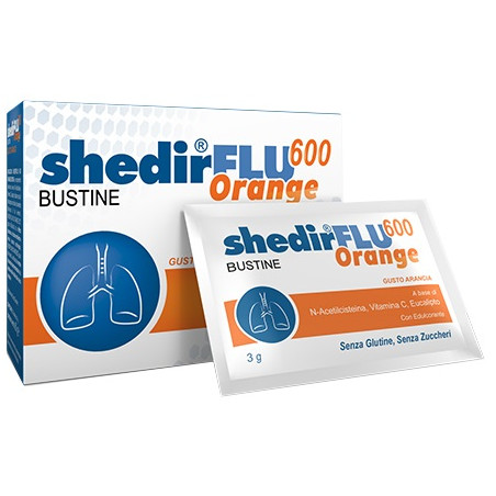 Confezione da 20 bustine di Shedir Shedirflu 600 Orange, integratore utile contro tosse e catarro.