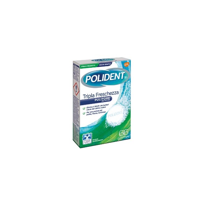 Confezione da 66 compresse di Polident Tripla Freschezza, pulitore per protesi dentarie. Confezione da 66 compresse di Polident Tripla Freschezza, pulitore per protesi dentarie.